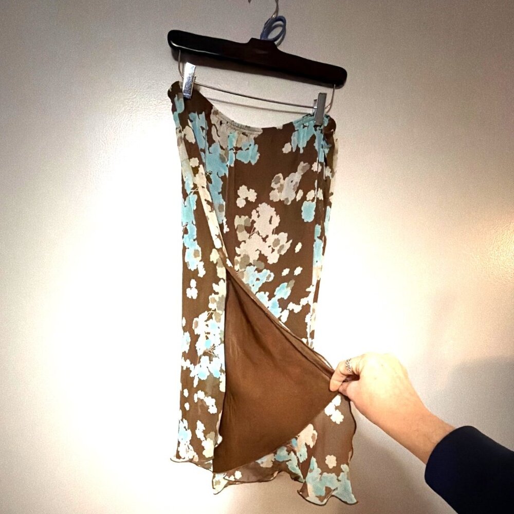 Sag Harbor Brown & Blue Floral Midi Skirt Size 10 Sheer Polyester Lined Boho - Picture 3 of 6